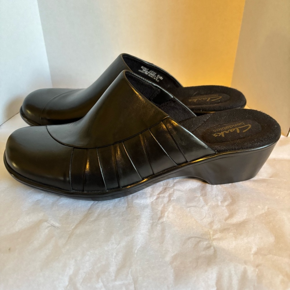 Clarks Bendables slides Shoes Women’s Size 8.5 M Mule Clog Black Leather - Picture 2 of 7